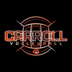 two color volleyball t-shirt design. Stylized volleyball using line shapes with line shading.  Large team name stacked above word volleyball with line shading.  Macot at bottom framed by volleyball.