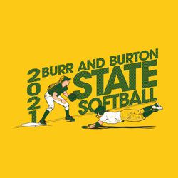 four color state softball t-shirt design.  Baserunner sliding head first into third base.  Third base player waiting for ball to apply the tag.  Large State Softball lettering with lined effect.