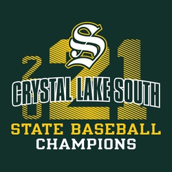 two color state champion baseball t-shirt design.  Logo/mascot stacked over school name. State baseball champions at bottom.  Year in background with diagonal line effect. 20 stacked.