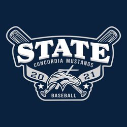two color state baseball t-shirt design.  Crossed bats and banner with year over background shape with large mascot and word State.