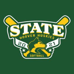 two color state softballl t-shirt design.  Crossed bats and banner with year placed over background shape with large mascot and word STATE.