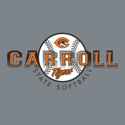 three color state softball t-shirt design.  Softball with mascot in top half, script team name in the bottom half.  School name through middle of ball with shaded effect.  Circle text state softball.