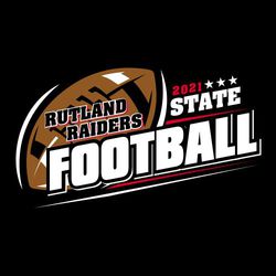 three color state football t-shirt design.  large brown football and text on diagonal slant.  team and mascot name over ball.  year, word state & tree stars at side of ball.  large word football below