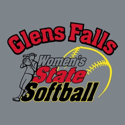 three color state softball t-shirt design.  Team name in circle text at the top.  One color drawing of pitcher leaning into letter and large softball.