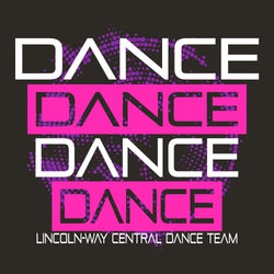 three color dance t-shirt design. word DANCE staced and repeating, alternating between word and word in reversed rectangle.  Large, circular halftone background.