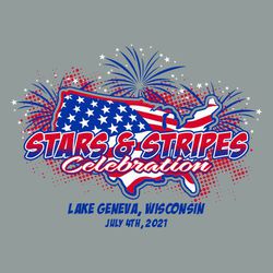 three color patriotic 4th of July t-shirt design.  The United States as a flag with fireworks and halftone pattern in the background.  Stars and Stripes Celebration lettering over flag.