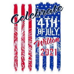 three color patriotic 4th of July t-shirt design with American flag with distressed ends.  Fireworks knocking out colors in flag to show shirt color.