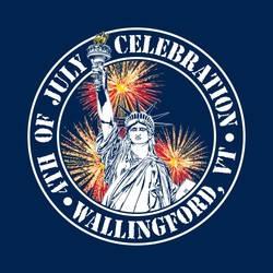 three color patriotic 4th of July t-shirt design with fireworks behind the Statue of Liberty.  Circle text and circles around design with event information.