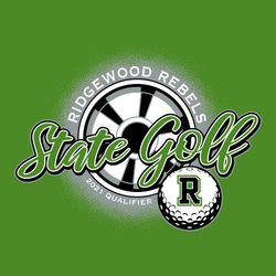 three color state golf t-shirt design.  Large diagonal State Golf lettering on an angle over the top of golf cup.  Golf ball with team logo on lip of cup.  Circle text team and mascot name at top.