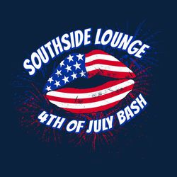 three color patriotic 4th of July t-shirt design with US flag in lips.  Fireworks in the background.  Text fit to top and bottom lip with business name and 4th of July Bash.