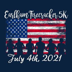 three color patriotic 4th of July t-shirt design - distressed flag in the background.  Runner silhouettes in the foreground at the bottom.  Script lettering Event name at the top (5K) & date on bottom