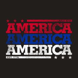 three color patriotic 4th of July t-shirt design.  Word AMERICA stacked, in red at the top, blue in the middle and white at the bottom.  Underlines and stars at top and bottom.