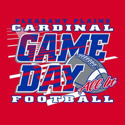 three color football t-shirt design with large lettering "Game Day".   Field markings run diagonal and into lettering.  Football on side.  Script "All In".  Team name above, football below.