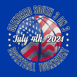 four color 4th of July, Patriotic basketball design. Basketball with US flag superimposed.  Circle text lettering and stars for team and event.   Stars as text dividers.