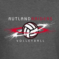 Three color volleyball t-shirt design.  Volleyball centered with color splashes orbiting the ball.  Team and mascot name above ball. Word volleyball below ball.