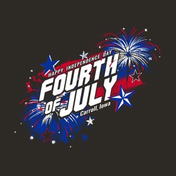 three color patriotic 4th of July t-shirt design with fireworks and large Fourth of July block lettering on a slant.  Stars. Distressed background.