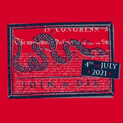 three color patriotic 4th of July t-shirt design.  Declaration of Independence in background with snake over the top, cut into pieces.  Join or Die lettering.