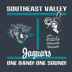 three color band t-shirt design.  Team name at top above horizontal divider line.  Mascot and band member on either side of vertical divider. Script mascot name. "One band! One Sound!" at bottom.