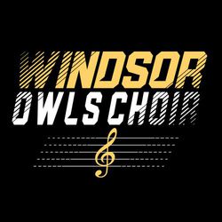 two color choir tee shirt design.  Team name stacked over mascot name and word choir.  Diagonal shading lines over lettering.   Staff and treble clef below lettering.