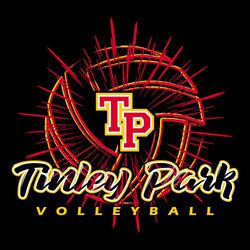 three color volleyball t-shirt design.  Large volleyball in background drawn as a burst.  Team logo or mascot centered on ball.  Script team name on bottom of ball with burst in letters.