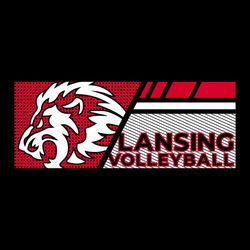 Two color volleyball t-shirt design.  Over all rectangular shape with diagonal lines and pattern fills.  Large mascot on left, team name and volleyball stacked on right lower side with slashed lines.