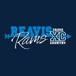 two color cross country t-shirt design.  School name on arrow shaft, Rams in script below it.  Smaller XC over side of arrow with word cross above it and country below in block letters.