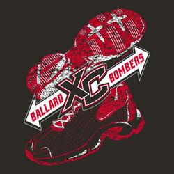 Three color cross country t-shirt design.  Running shoes with bottom of shoe showing above arrows and an upright shoe at the bottom.  Design on diagonal.  Team name & mascot name in arrows.  Large XC.