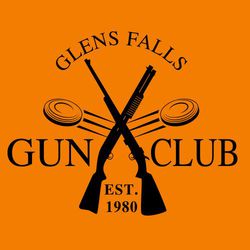 one color gun club target shooting t-shirt design.  Crossed guns with skeet moving outward.  "Gun" on one side of guns, "Club" on the other side.  Organization name in circle text art top.  Est. date.