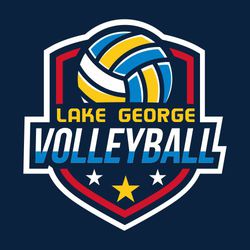 four color volleyball t-shirt design.  Multicolor volleyball over shield.   Team name and word volleyball stacked below ball.  Three stars in lower part of shield.