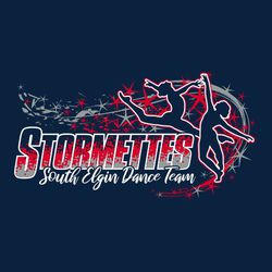 three color dance t-shirt design.  swirling stars and lines in the background with two dancers in silhoutte shapes.  Team name with three color shading.  School name below in script.