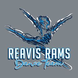 three color dance t-shirt design with leaping dancer made of swirling lines in the background. Team and mascot name below dancer.  Dance team at the bottom in script.