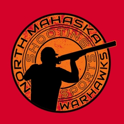 two color target shooting or trap shooting t-shirt design with silhoutte of trap shooter with shotgun against large distressed target skeet.  Circle text in side skeet with team name & shooting sports