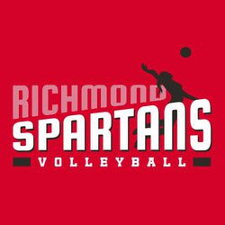 two color volleyball t-shirt design.  Player silhoutte spiking a ball.  School name in wavy lettering style stacked above mascot name.   Word volleyball at bottom framed with rectangles.