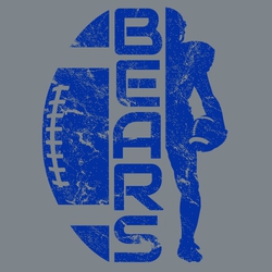 One color football t-shirt design. Half football silhoutte on the right, block team name going vertically down the middle and half football player silhoutte on the left.  Distressed.