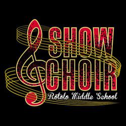 three color Show Choir t-shirt design.  Teble clef and lettering "Show Choir" encircled by staff.  School name in script at the bottom.  Small music notes in lettering shading it from light to dark.