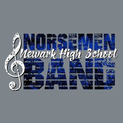 Three color band t-shirt design.  Treble clef on the right.  Mascot name and work band stacked at the left distessed heavily with staff lines through them.  School name in script under mascot name.