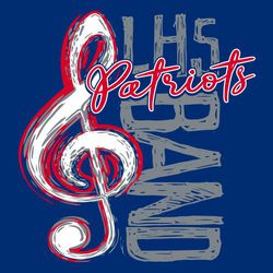 Three color t-shirt design.  Large loosely drawn, multicolor treble clef on the right. School initials top left over word band running verically down the design.  Script mascot name between letters.