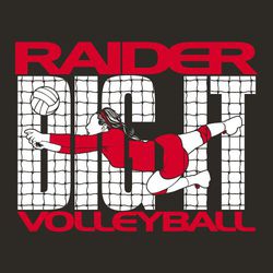 two color volleyball t-shirt design.  Large lettering "Dig It" with net inside lettering.  Female player extending to "dig" volleyball.  School name above art, word volleyball at bottom.