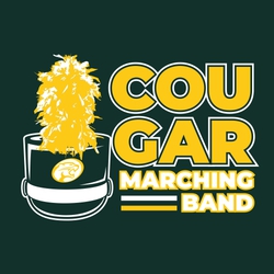 two color marching band t-shirt design.  Drum majors hat on right side of design.  Mascot name split and stack on two lines.  Marching band and stipes underneath mascot name.