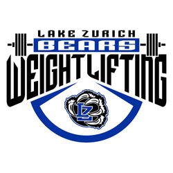 two color weightlifting t-shirt design. school name stacked above mascot name in rectangle framed by weights and bar. word weightlifting large below that with bridged text.  Mascot framed by plate.