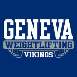 two color weightlifting t-shirt design.  Large school name in block letters at the top.  knockout rectangle with shirt showing word "WEIGHTLIFTING". Half of weight set shown below rectangle