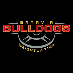 three color weightlifting t-shirt design.  Weightligting plate with perspective in background. School name & mascot name (large) stacked & framed at top of design. Circle text "weightlifting" below.