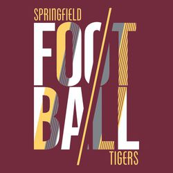 two color football t-shirt design with FOOT and BALL stacked.  Diangonal lines slashing though lettering.  Small school name on upper right of design, small mascot name at bottom left.