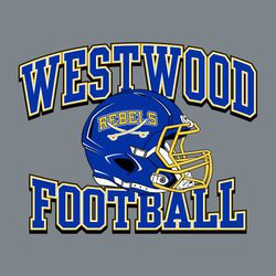 four color football t-shirt design featuring helmet with school name arched over it, and word football reverse arched below it.  Athletic block letteing.  Helmet logo or mascot on side of helmet.