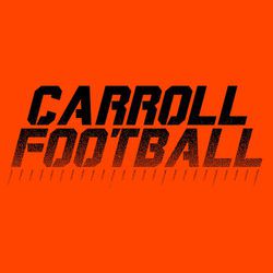 one color football t-shirt design.  School name stacked over word football in stencil font.  Distressed shading on word football and field markings below it.  Art fades into shirt color.