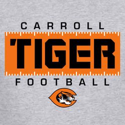 three color football t-shirt design.  Large mascot name placed over colored background with field markings.  School name above and word football below art.   Mascot centered at the bottom of design.
