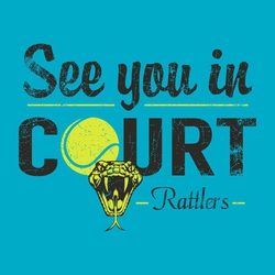 two color tennis t-shirt design.  "See you in Court"  Tennis ball forms the "O" in word court.   Mascot with mascot or team name at the bottom.
