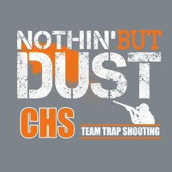 two color trap shooting t-shirt design. "Nothing but dust" with shattered skeet.  Organization information at the bottom.