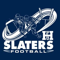 one color football tee shirt design. two players running in front or swirl that goes around a football and field goal post.  Mascot name and logo below art.