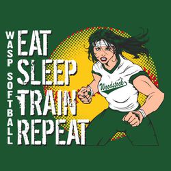 five color softball t-shirt design. Softball in background with softball player in determinded stance. EAT SLEEP TRAIN REPEAT stacked down left side of design.